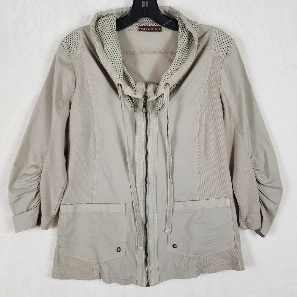 Wearables by XCVI Womens Tan Khaki Mixed Media Zip Up Jacket Mesh Detail M‎